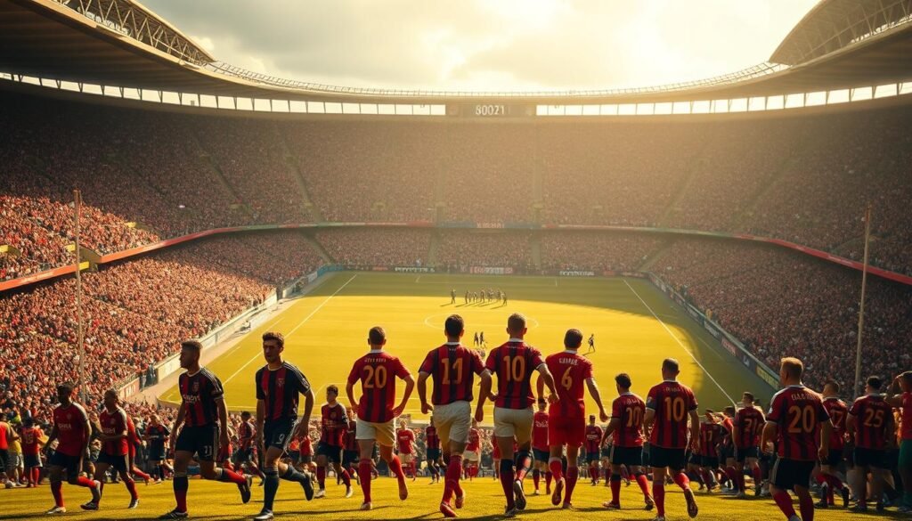 A grand stadium awash in a sea of red and black, the iconic Maracanã hosts the glory days of Flamengo's "Golden Era". In the foreground, a group of legendary players stride onto the field, their faces determined, their movements fluid and graceful. The midfield is a whirlwind of skill and teamwork, as players weave intricate patterns, setting up the attack. In the background, the adoring crowd roars, their passion and pride palpable, as they witness the culmination of years of triumph and tradition. The lighting is warm and dramatic, casting a golden glow over the scene, capturing the essence of an unforgettable era in the history of Brazilian football.