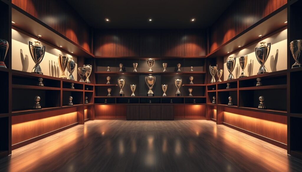 A high-resolution, detailed image of the Flamengo soccer club's international trophies displayed prominently in a modern, well-lit trophy room. The shelves are made of dark, polished wood, and the trophies are arranged symmetrically, casting long shadows on the floor. The room is illuminated by soft, warm lighting, creating a sense of prestige and accomplishment. The trophies include the Copa Libertadores, Recopa Sudamericana, and FIFA Club World Cup, among others, each meticulously crafted with intricate designs. The overall composition evokes a sense of pride and the club's dominance on the international stage.