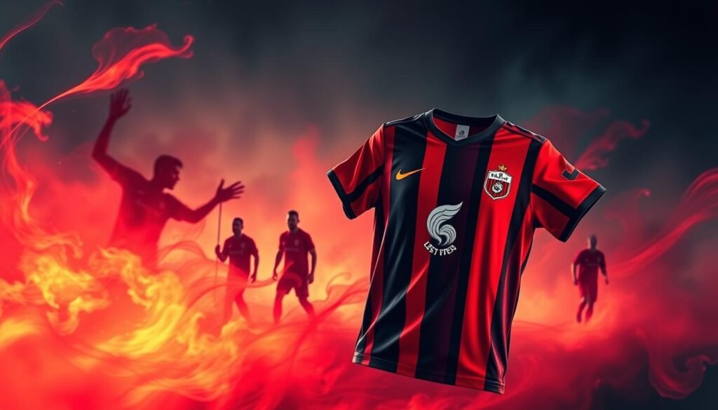 A vibrant and dynamic scene depicting the storied "Flamengo" football club's rich history and legacy. In the foreground, an iconic red-and-black jersey emblazoned with the club's crest floats amidst a swirling, ethereal energy, symbolizing the passionate devotion of their fervent supporters. In the middle ground, silhouetted figures of legendary Flamengo players from different eras stride purposefully, as if marching towards a glorious future. The background is awash in a wash of the club's signature colors, with subtle abstractions and textures evoking the club's triumphant triumphs and the unwavering spirit of its devoted fanbase. Dramatic lighting casts dramatic shadows, heightening the sense of movement and dynamism. The overall impression is one of a rich, storied legacy, a club whose "trajetória rubro-negra" is written in the hearts and minds of football enthusiasts worldwide.
