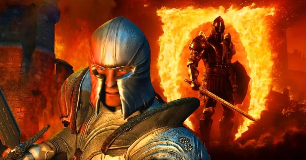 Cavaleiros em armaduras medievais frente a um portal em chamas, cenário de fantasia épica e batalha heroica.