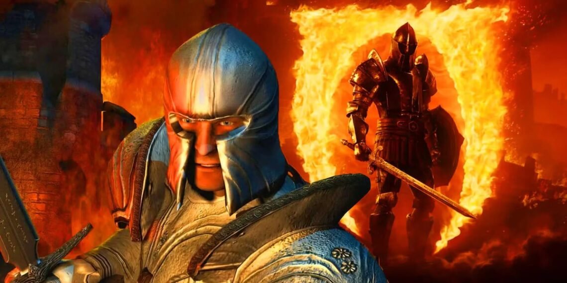 Cavaleiros em armaduras medievais frente a um portal em chamas, cenário de fantasia épica e batalha heroica.