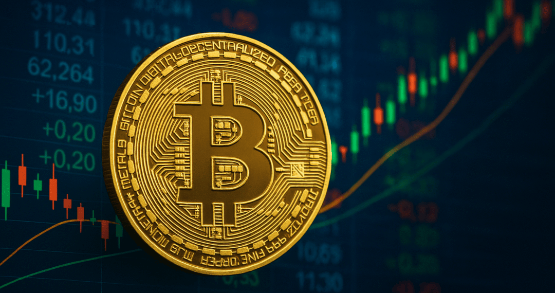 Moeda de bitcoin dourada destacada contra um gráfico financeiro em fundo azul, simbolizando criptomoeda e mercado financeiro.