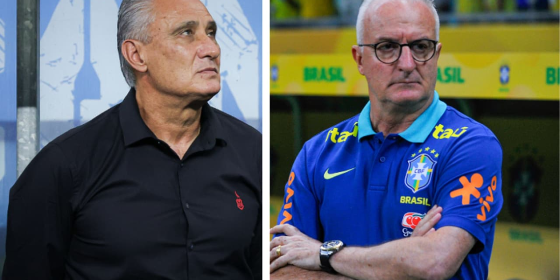 Dois técnicos de futebol estão lado a lado, um com camisa preta e o outro com uniforme da seleção brasileira, com expressões sérias.