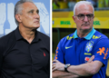 Corinthians: Tite ou Dorival? A escolha que pode redefinir o clube! 32 Dois técnicos de futebol estão lado a lado, um com camisa preta e o outro com uniforme da seleção brasileira, com expressões sérias.