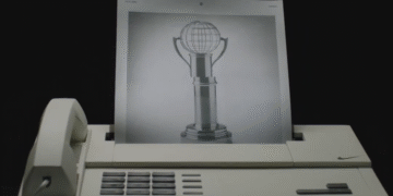 Um aparelho de fax antigo imprimindo a imagem de um troféu estilizado com globo no topo, destacando tecnologia retro.