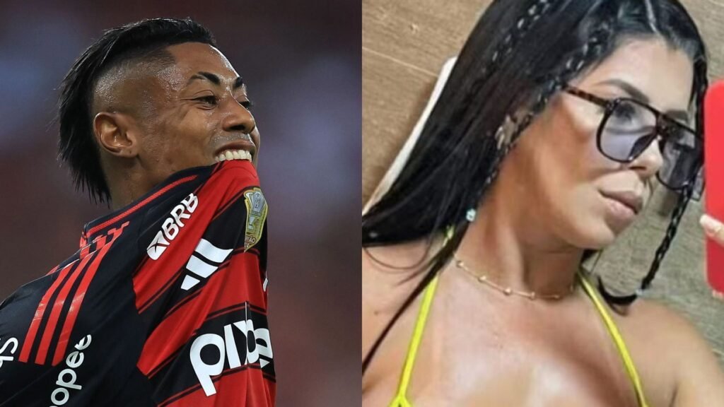 Jogador de futebol com uniforme do Flamengo comemora mordendo a camisa. Mulher de óculos posa com maquiagem e tranças.