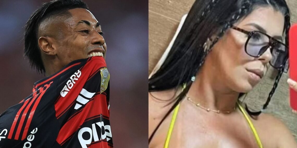 Jogador de futebol com uniforme do Flamengo comemora mordendo a camisa. Mulher de óculos posa com maquiagem e tranças.