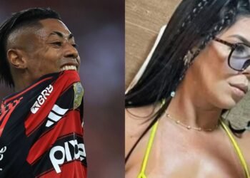Jogador de futebol com uniforme do Flamengo comemora mordendo a camisa. Mulher de óculos posa com maquiagem e tranças.