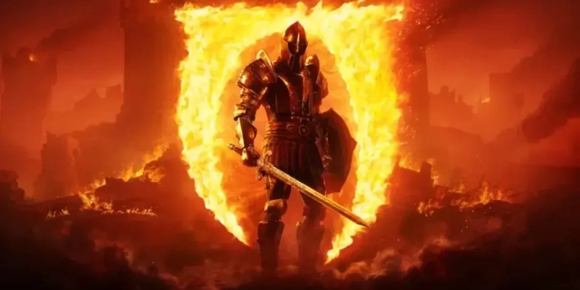 Cavaleiro medieval em armadura dourada segura espada, cercado por uma aura flamejante em um cenário de ruínas em chamas.