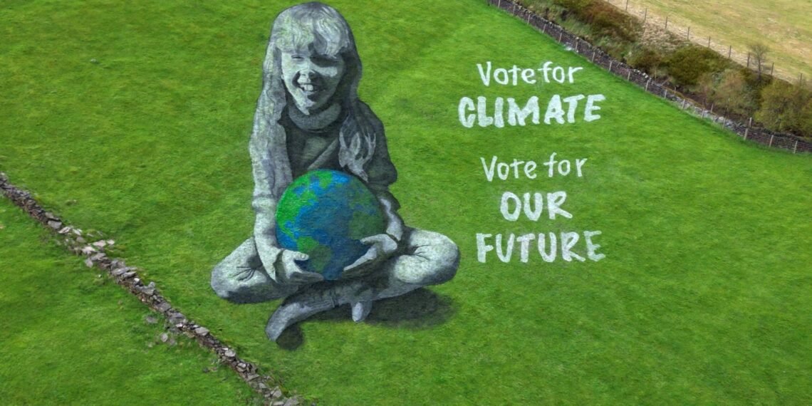 Mural de uma criança segurando o planeta na grama verde, com mensagem Vote pelo Clima, Vote pelo Nosso Futuro.