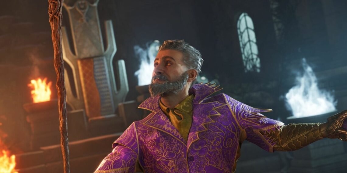 Homem de barba grisalha em traje roxo decorado, segurando um cajado em ambiente místico com chamas e caverna ao fundo.