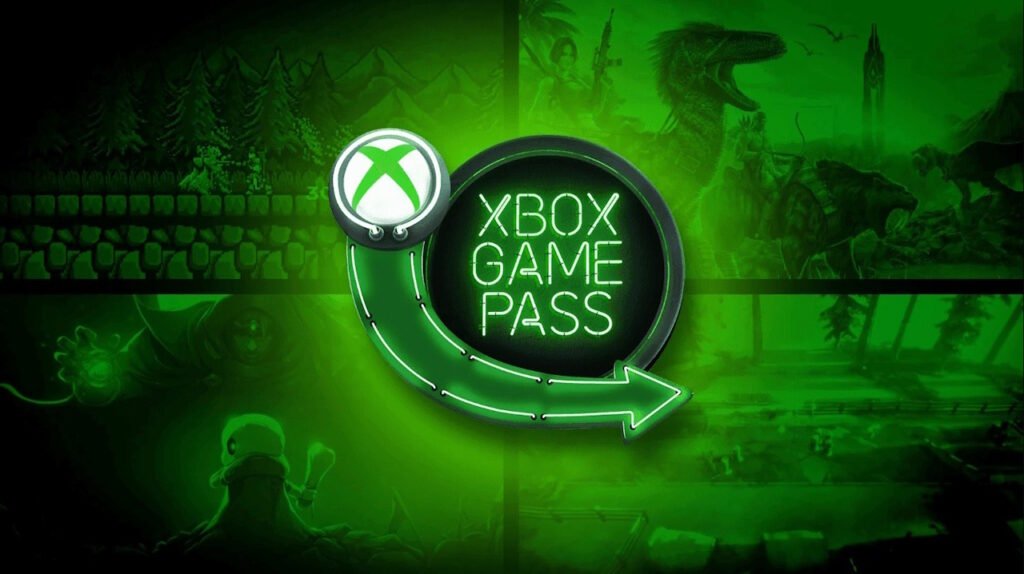 Logotipo do Xbox Game Pass em verde, rodeado por cenas de jogos com dinossauros e paisagens digitais.