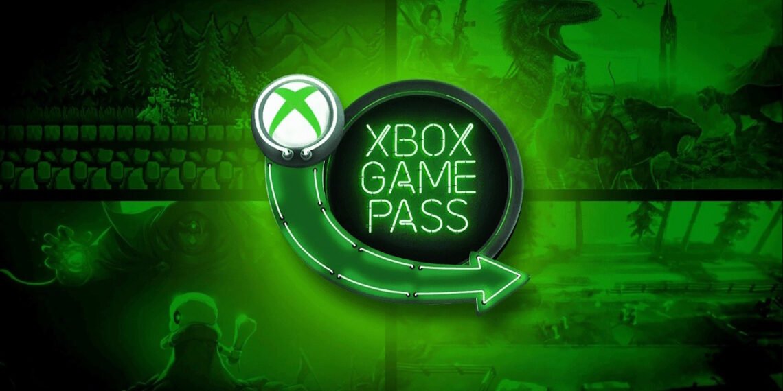 Logotipo do Xbox Game Pass em verde, rodeado por cenas de jogos com dinossauros e paisagens digitais.
