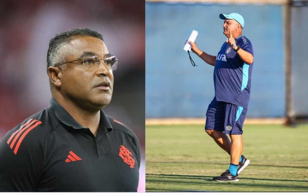 Treinadores de futebol em ação: à esquerda, um técnico com camisa do Flamengo observa o jogo; à direita, outro orienta em campo.