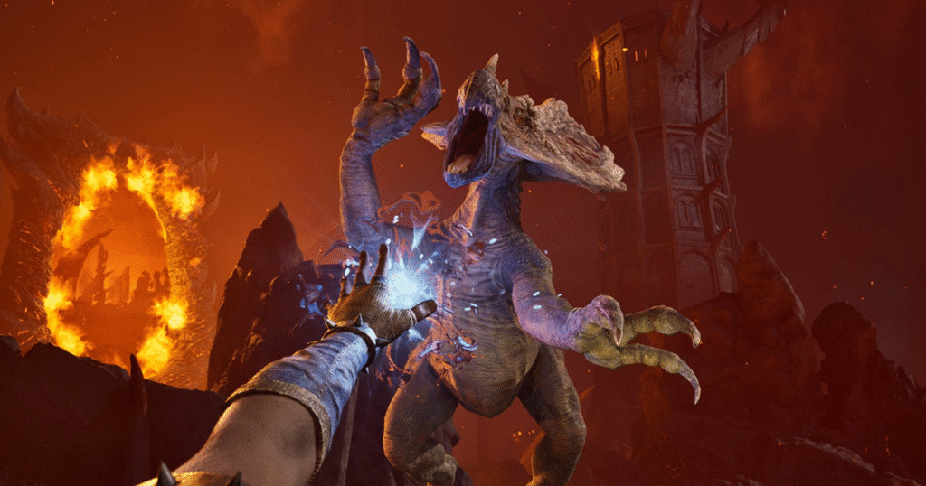 Jogador enfrenta criatura gigante em um cenário de fantasia, com magia azul emanando da mão e portal flamejante ao fundo.