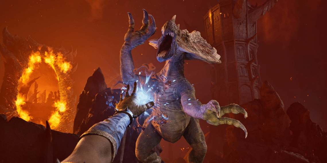 Jogador enfrenta criatura gigante em um cenário de fantasia, com magia azul emanando da mão e portal flamejante ao fundo.