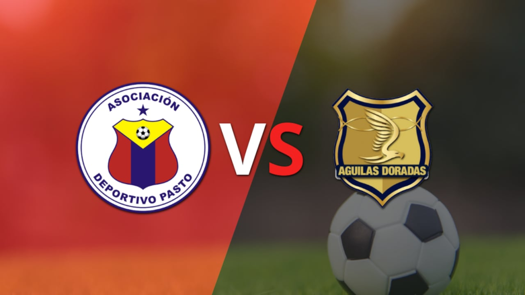 Escudos dos times Deportivo Pasto e Águilas Doradas lado a lado com fundo dividido por cores, simbolizando confronto.