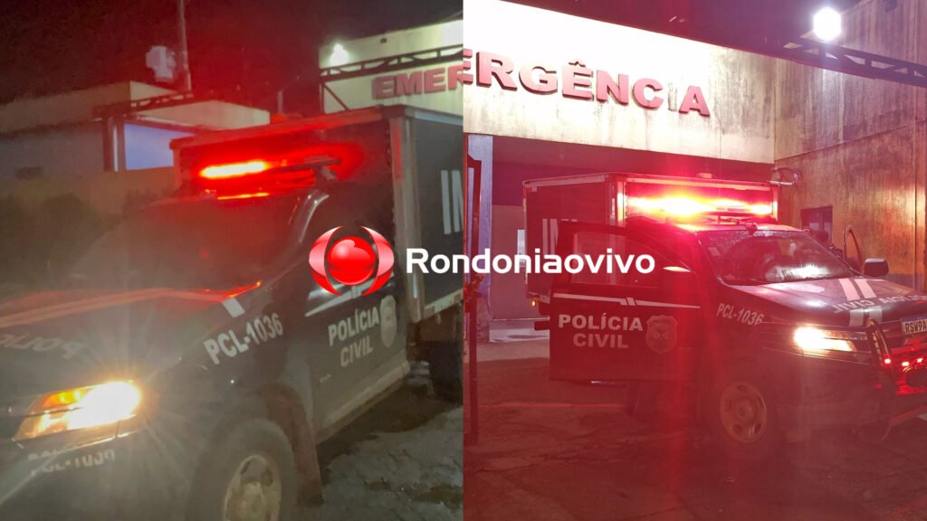 Viaturas da Polícia Civil com luzes de emergência ligadas à noite em frente a hospital, destacando atuação policial.
