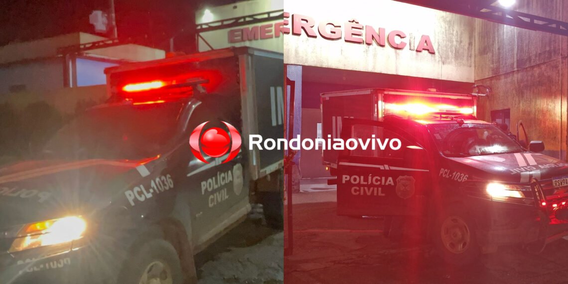 Viaturas da Polícia Civil com luzes de emergência ligadas à noite em frente a hospital, destacando atuação policial.