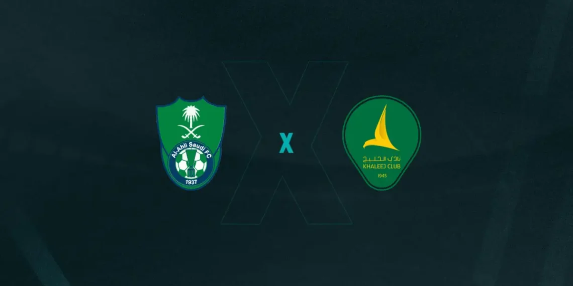 Escudos de Al-Ahli x Al-Khaleej, que se enfrentam pelo Campeonato Saudita